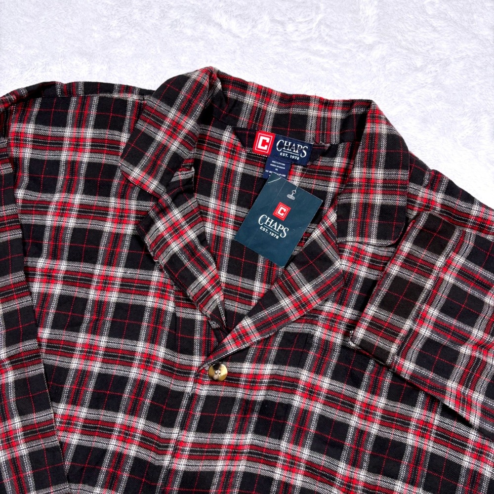 Chaps Pajama Top Mens XL Black Red Plaid Button Down Notch Collar Cotton Gift